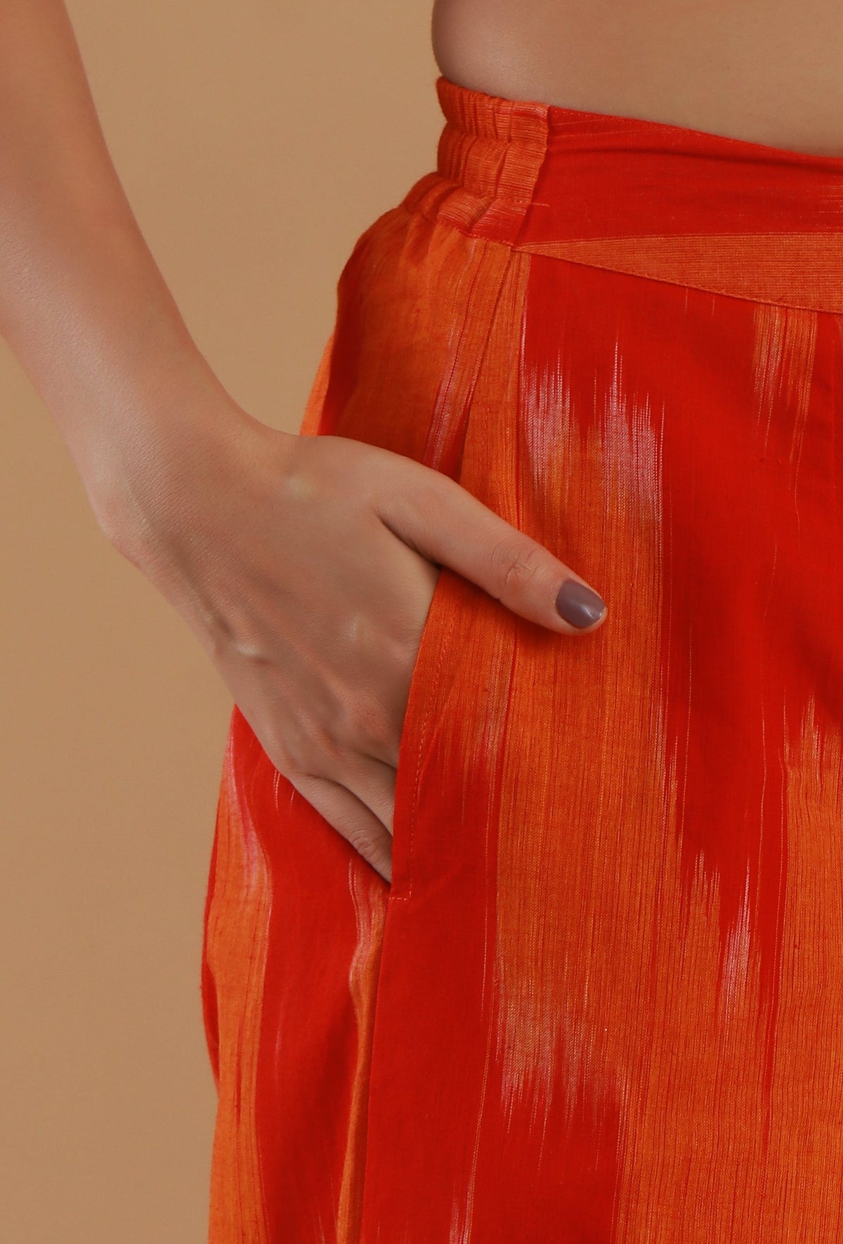 Set of 2: Orange Ikat Cotton Straight Kurta with Wide-Leg Pant クルタ XS・パンツ XXXL
