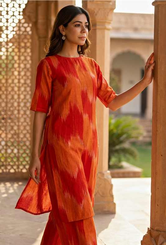 Orange Ikat Cotton Straight Kurta サイズ XS