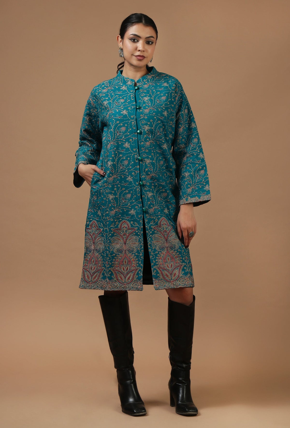 Teal Kashmiri Aari Embroidered Woollen Long Jacket サイズ L