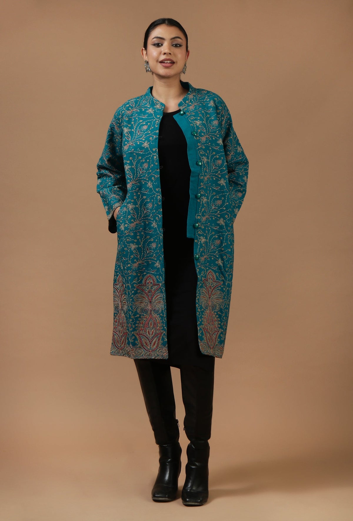 Teal Kashmiri Aari Embroidered Woollen Long Jacket サイズ L