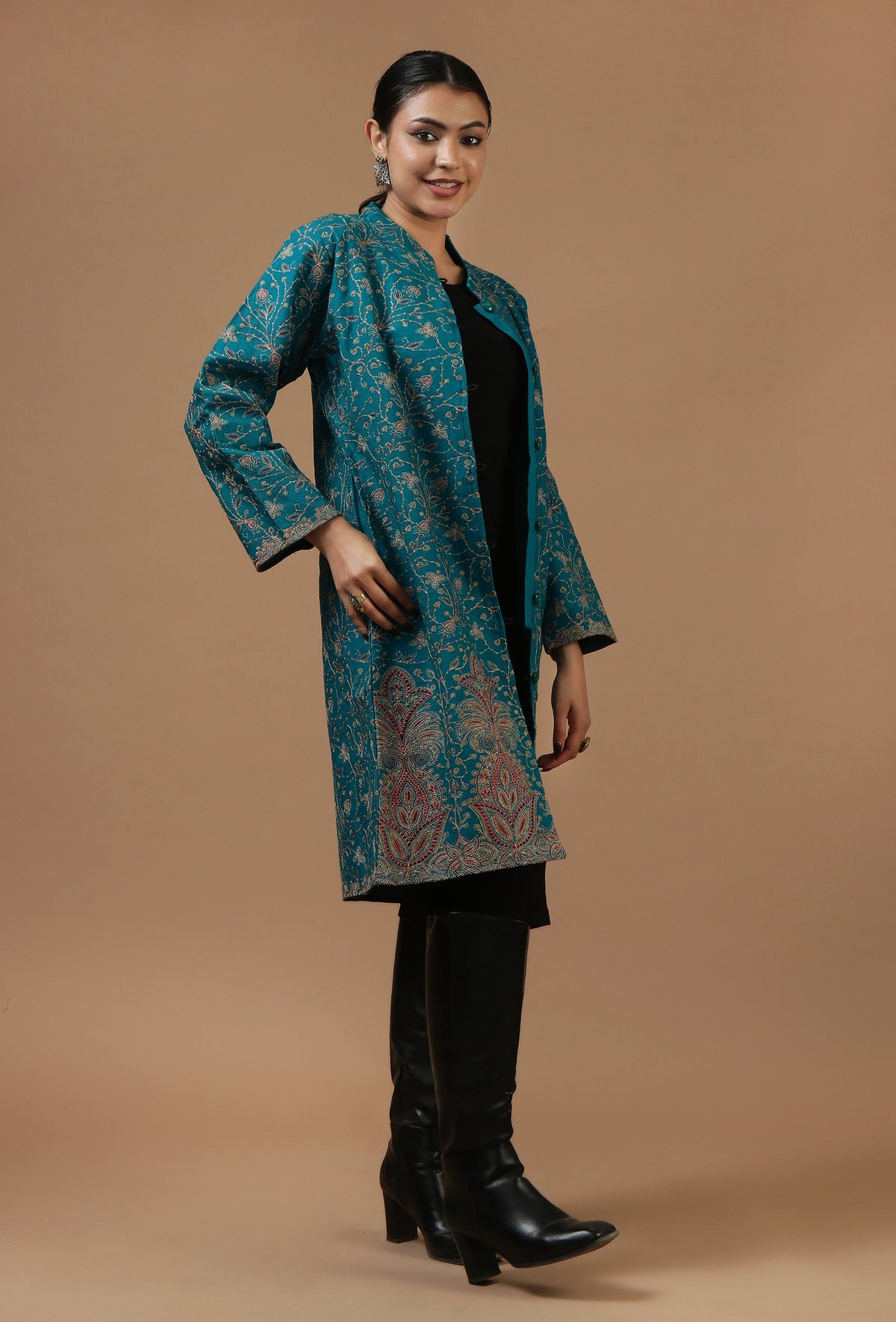 Teal Kashmiri Aari Embroidered Woollen Long Jacket サイズ L