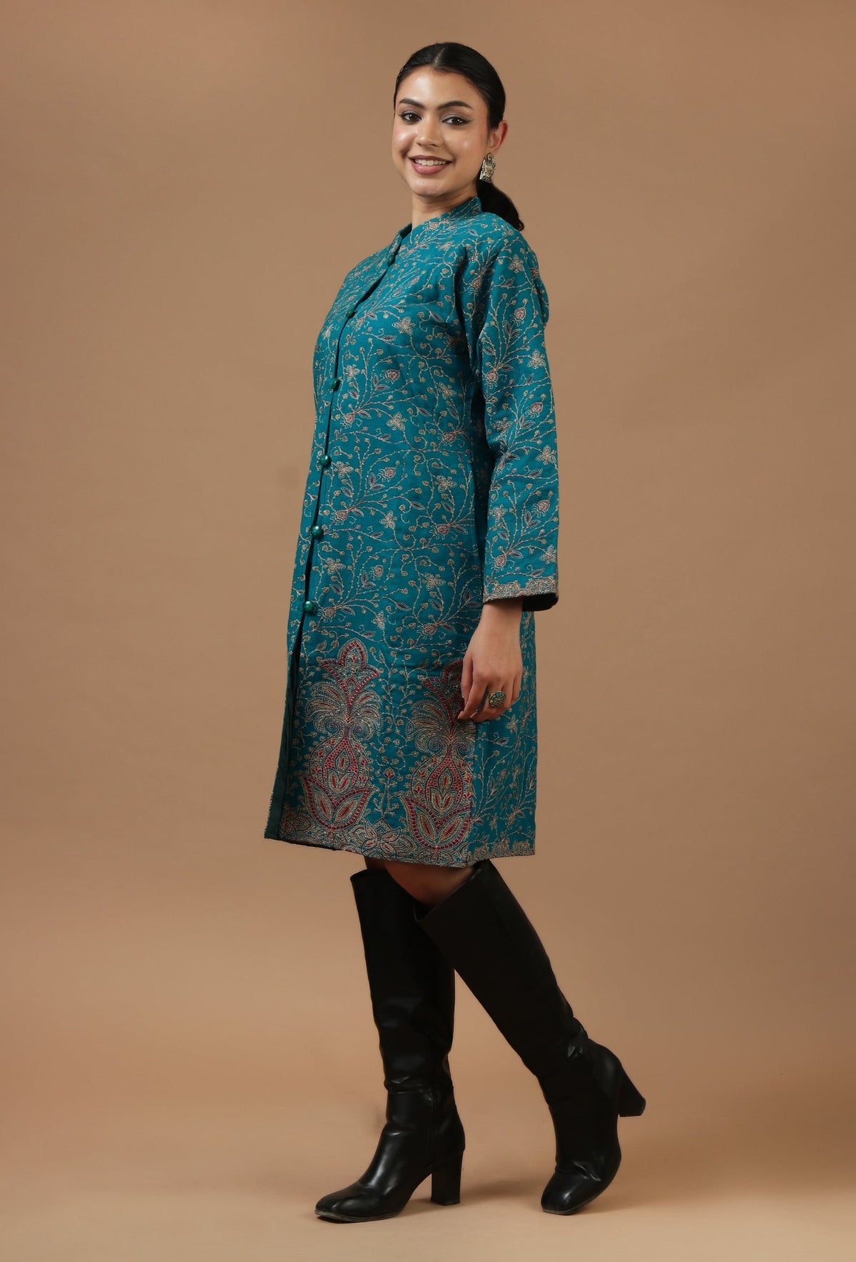 Teal Kashmiri Aari Embroidered Woollen Long Jacket サイズ L