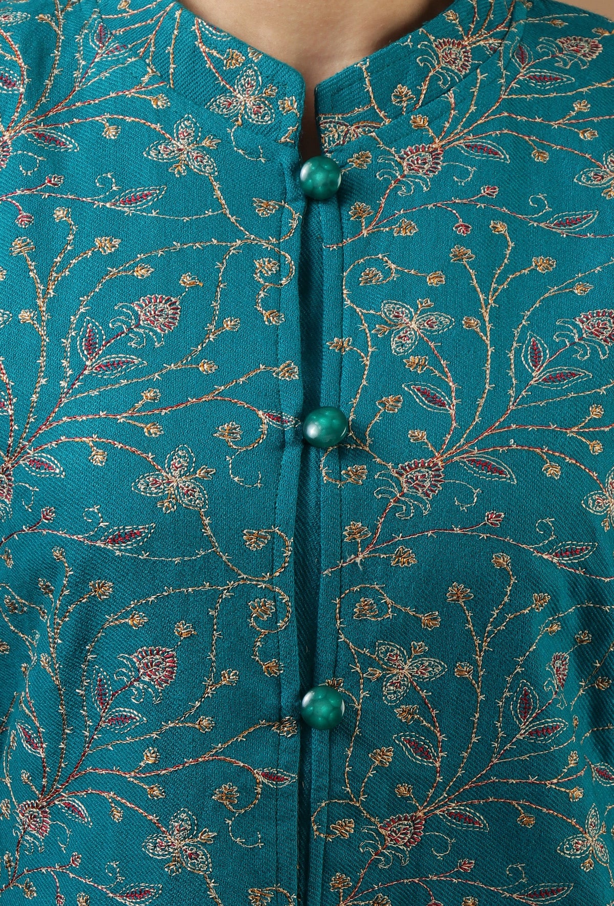 Teal Kashmiri Aari Embroidered Woollen Long Jacket サイズ L