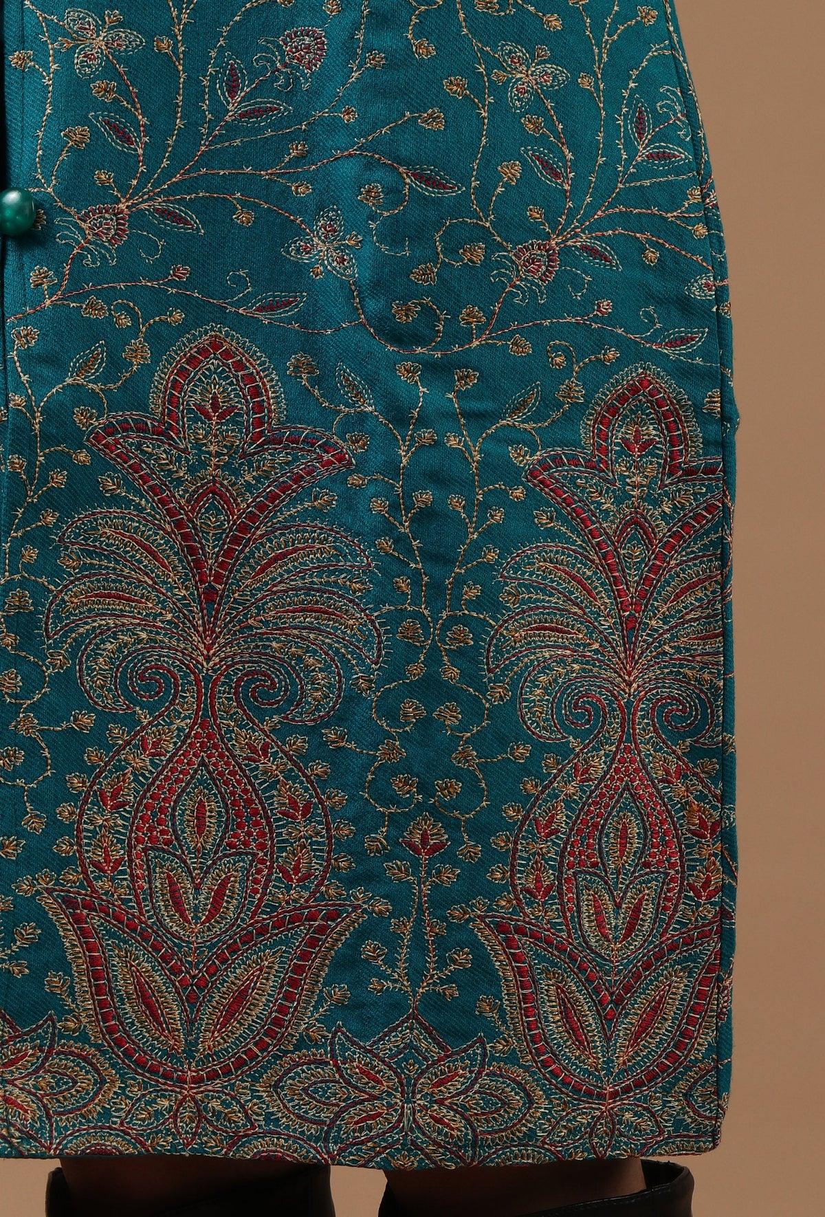 Teal Kashmiri Aari Embroidered Woollen Long Jacket サイズ L