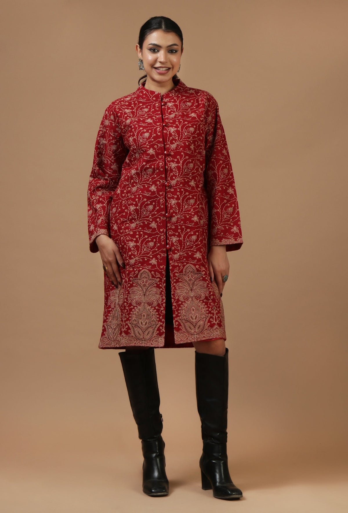 Maroon Kashmiri Aari Embroidered Woollen Long Jacket サイズ L