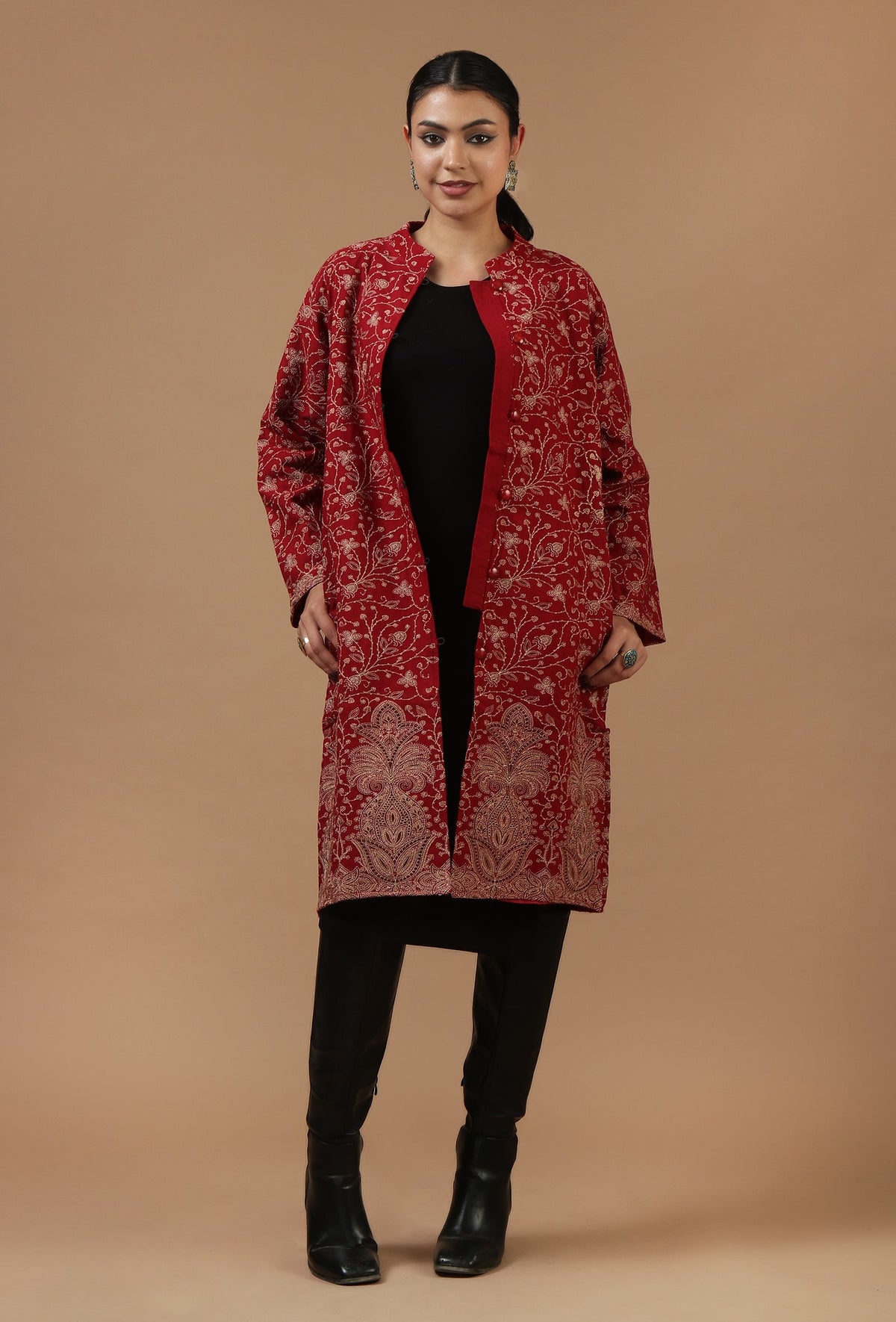 Maroon Kashmiri Aari Embroidered Woollen Long Jacket サイズ L