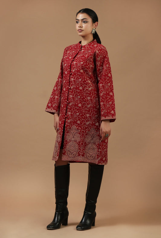 Maroon Kashmiri Aari Embroidered Woollen Long Jacket サイズ L