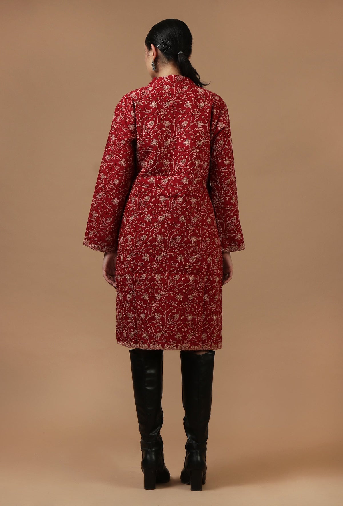 Maroon Kashmiri Aari Embroidered Woollen Long Jacket サイズ L
