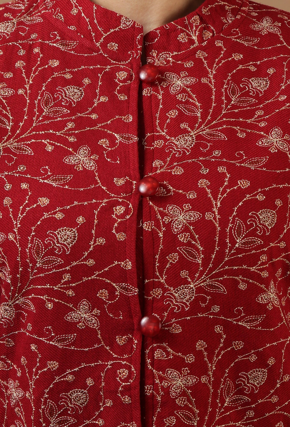 Maroon Kashmiri Aari Embroidered Woollen Long Jacket サイズ L