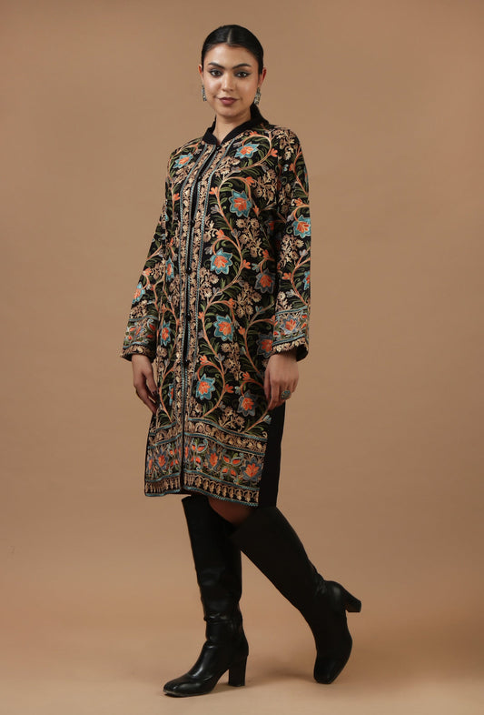 Black Kashmiri Aari Embroidered Woollen Long Jacket サイズ L
