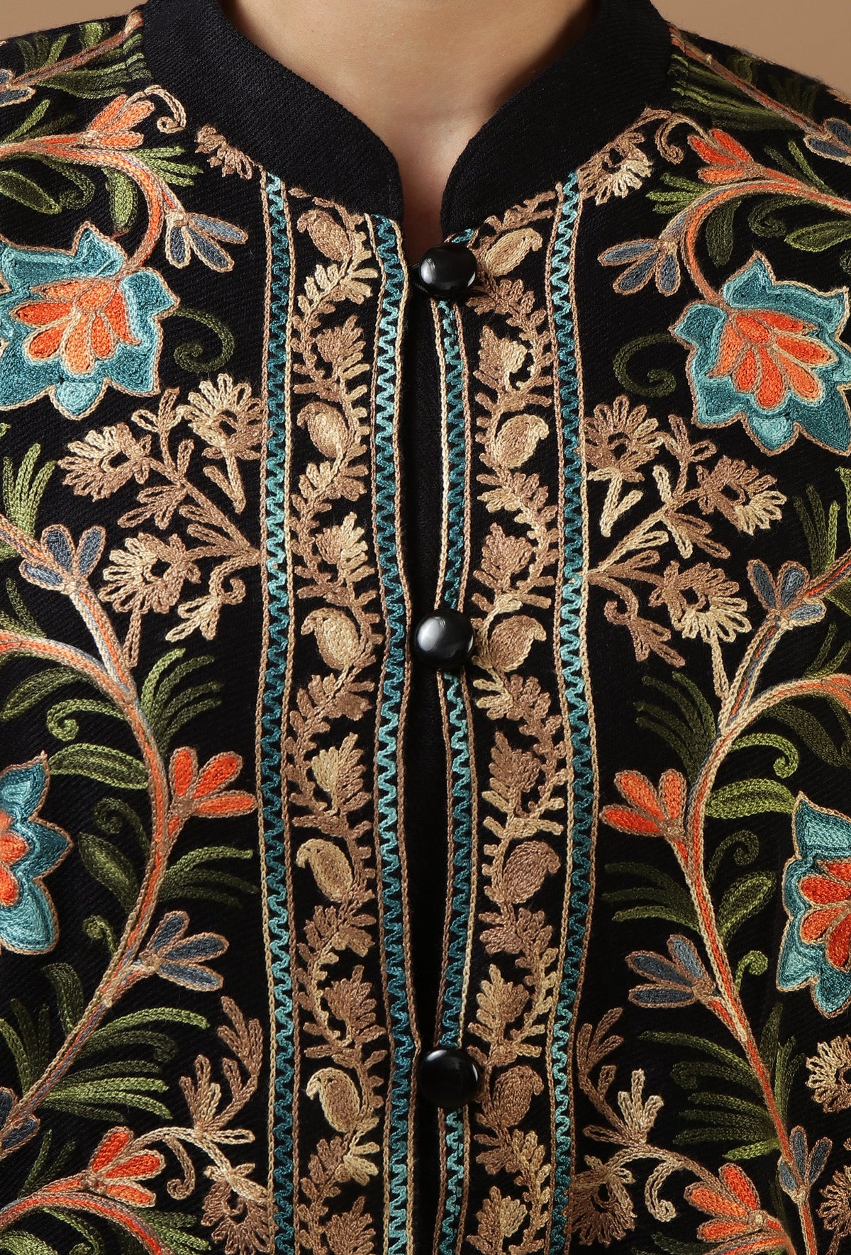 Black Kashmiri Aari Embroidered Woollen Long Jacket サイズ L