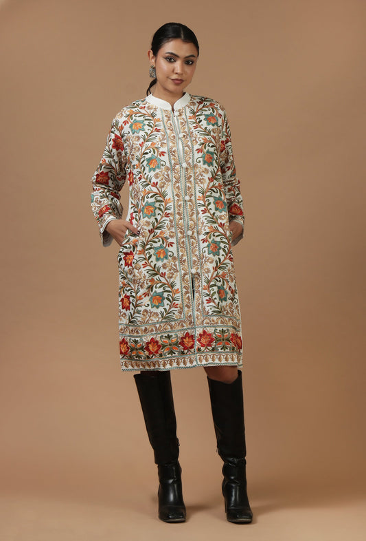 Ivory Kashmiri Aari Embroidered Woolen Long Jacket サイズ L