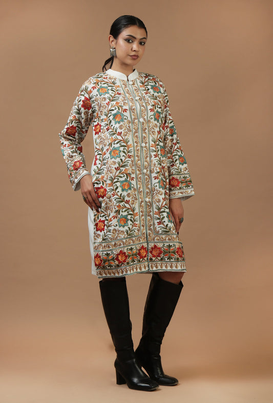 Ivory Kashmiri Aari Embroidered Woolen Long Jacket サイズ L