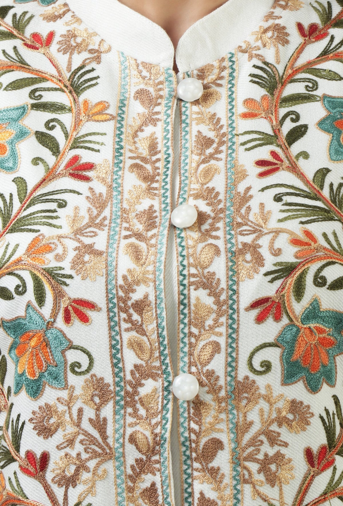 Ivory Kashmiri Aari Embroidered Woolen Long Jacket サイズ L