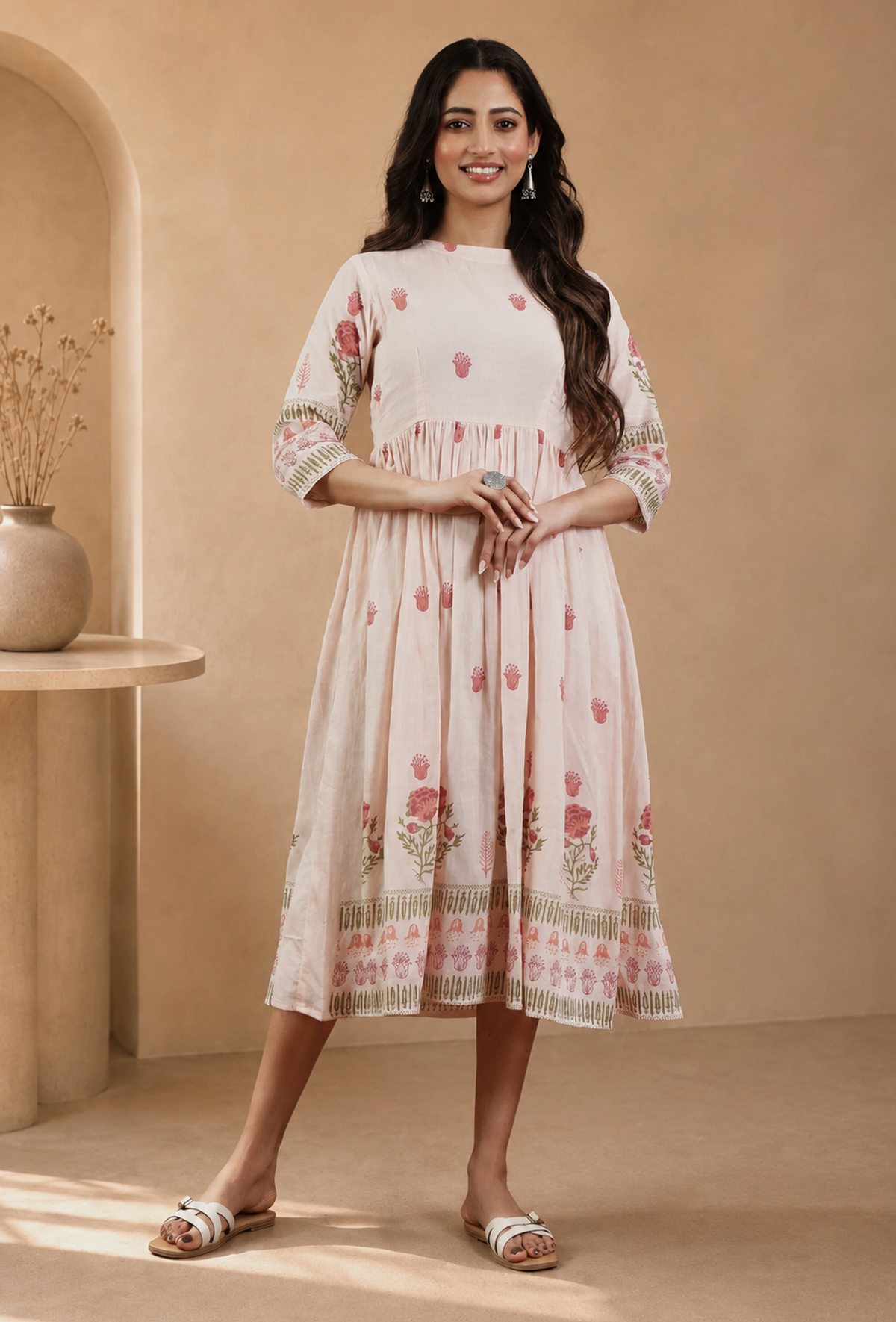 Blush Pink Floral Printed Gathered Midi Dress サイズ M