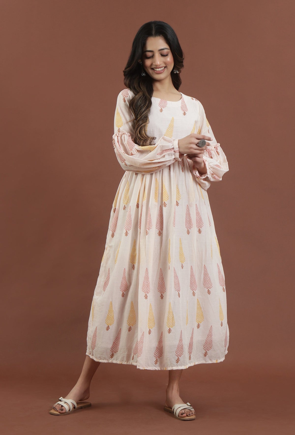 Blush Pink Leaf Printed Gathered Maxi Dress サイズ XS