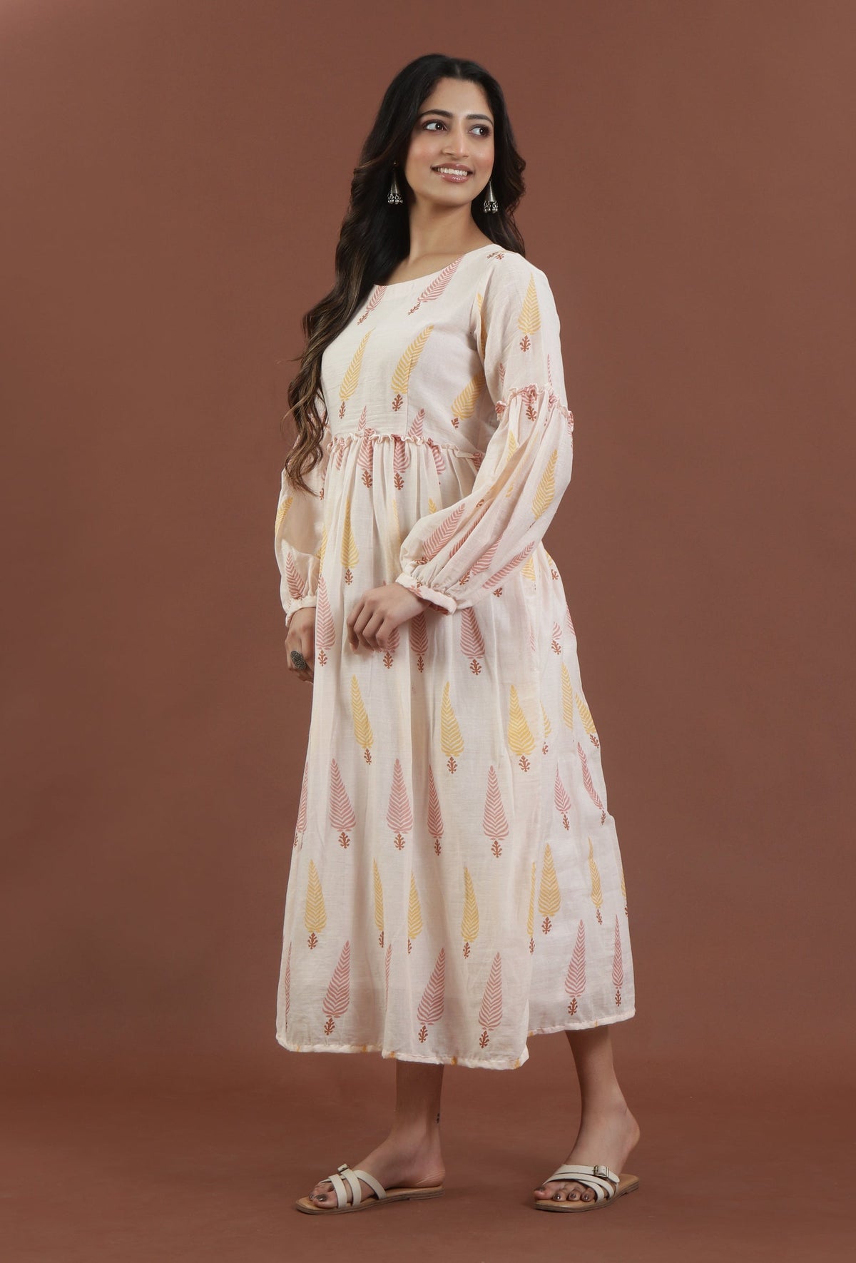 Blush Pink Leaf Printed Gathered Maxi Dress サイズ XS
