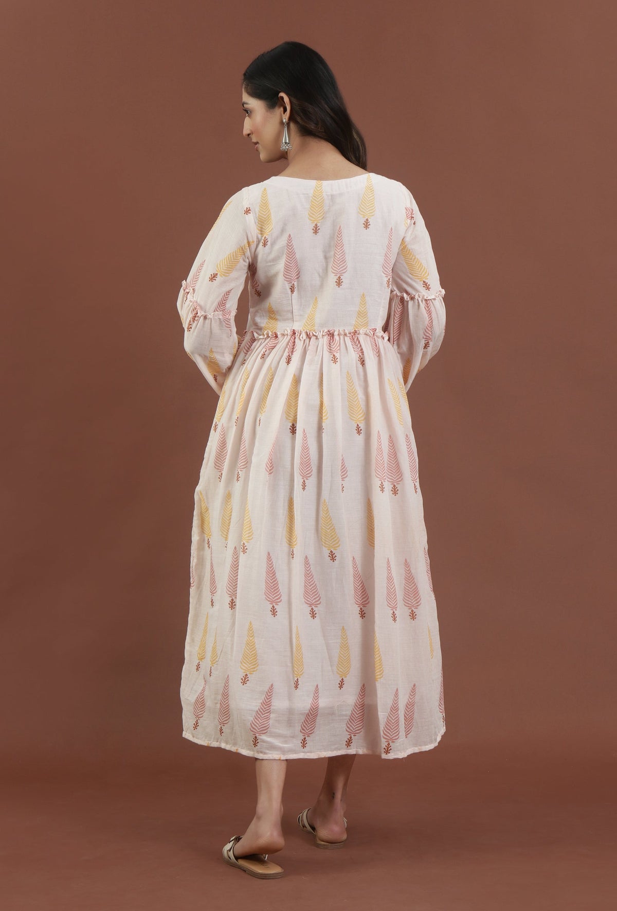 Blush Pink Leaf Printed Gathered Maxi Dress サイズ M