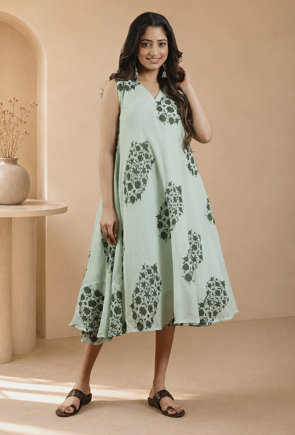 Sage Green Floral Printed Flared Maxi Dress サイズ S