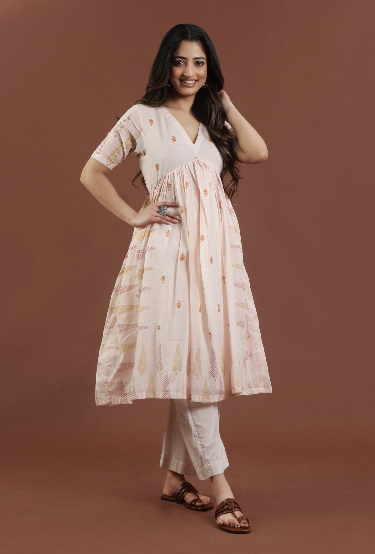 Hand Block Printed Cotton Anarkali Style Kurta サイズ L