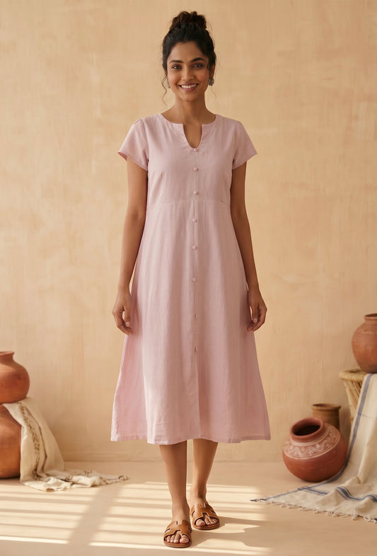 Blush Pink Linen Button-Down Midi Dress サイズ M