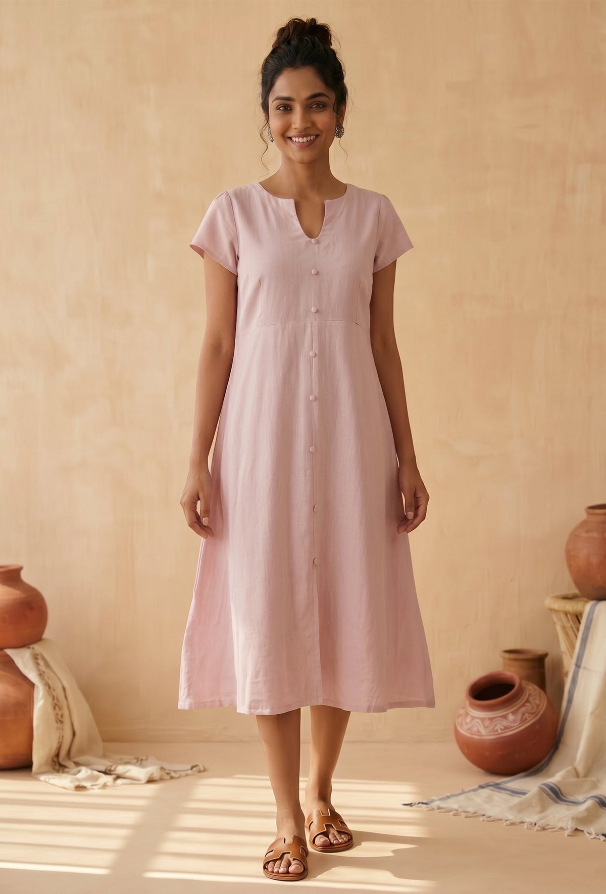 Blush Pink Linen Button-Down Midi Dress サイズ XS
