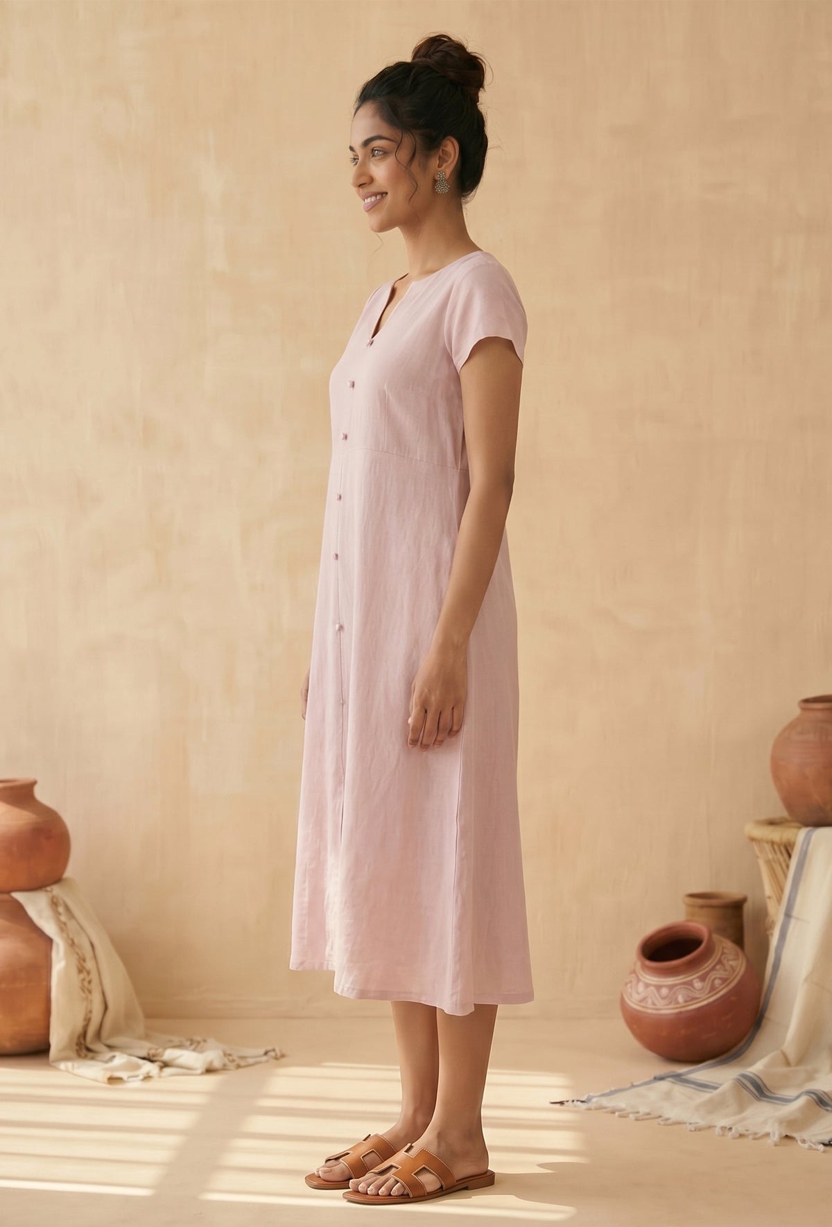 Blush Pink Linen Button-Down Midi Dress サイズ XL