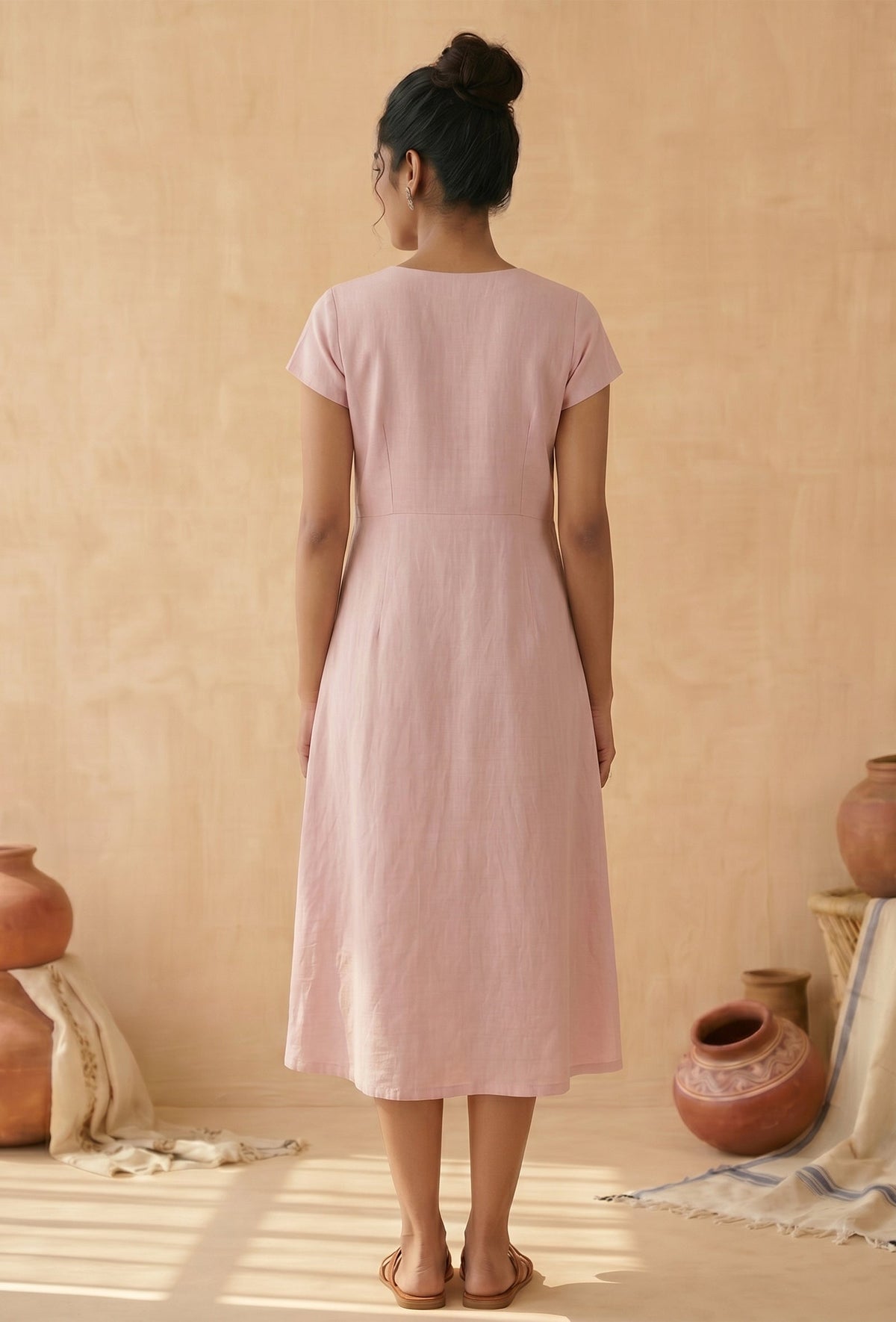 Blush Pink Linen Button-Down Midi Dress サイズ S