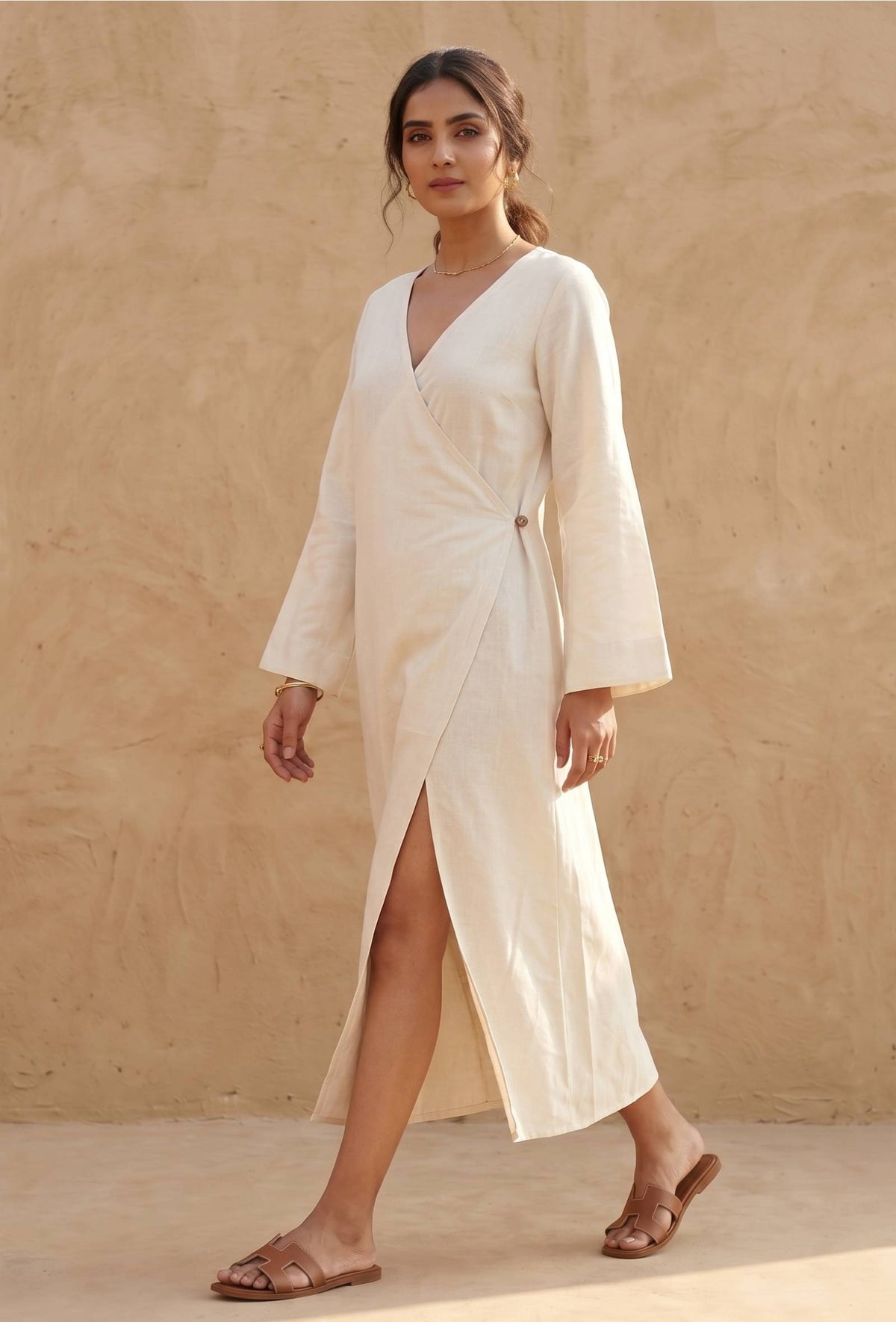 Natural Beige Cotton Flex Wrap Midi Dress サイズ XS