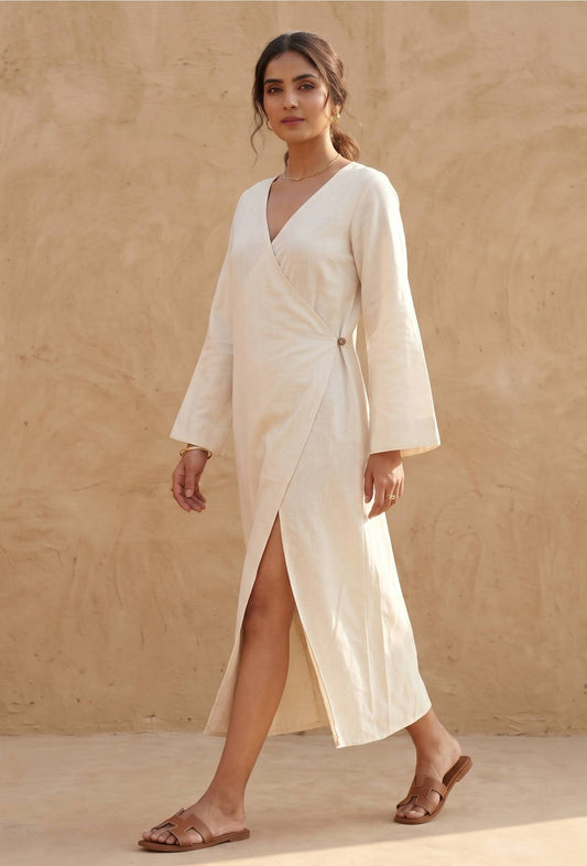 Natural Beige Cotton Flex Wrap Midi Dress サイズ M
