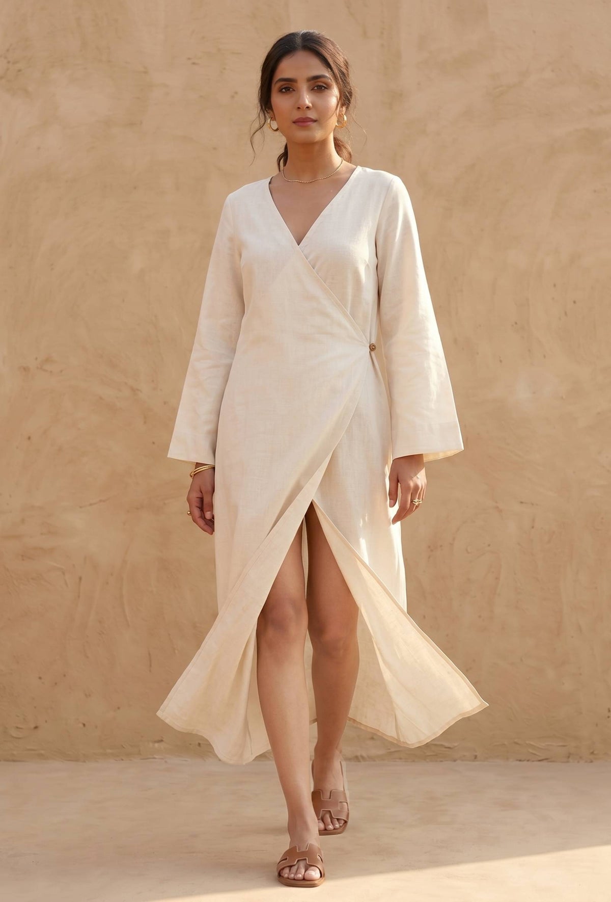 Natural Beige Cotton Flex Wrap Midi Dress サイズ XS