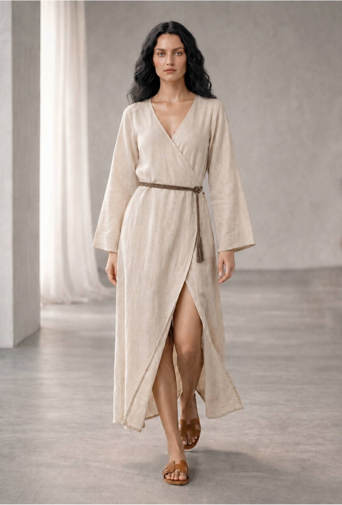 Natural Beige Cotton Flex Wrap Midi Dress サイズ M