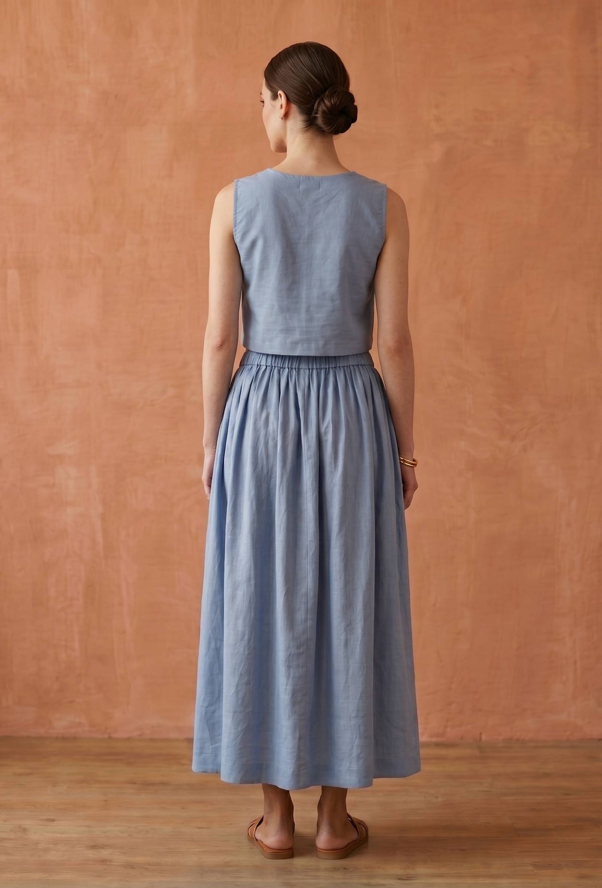 Set of 2: Dusty Blue Cotton Crop Top and Flared Skirt Set トップス L・スカート M