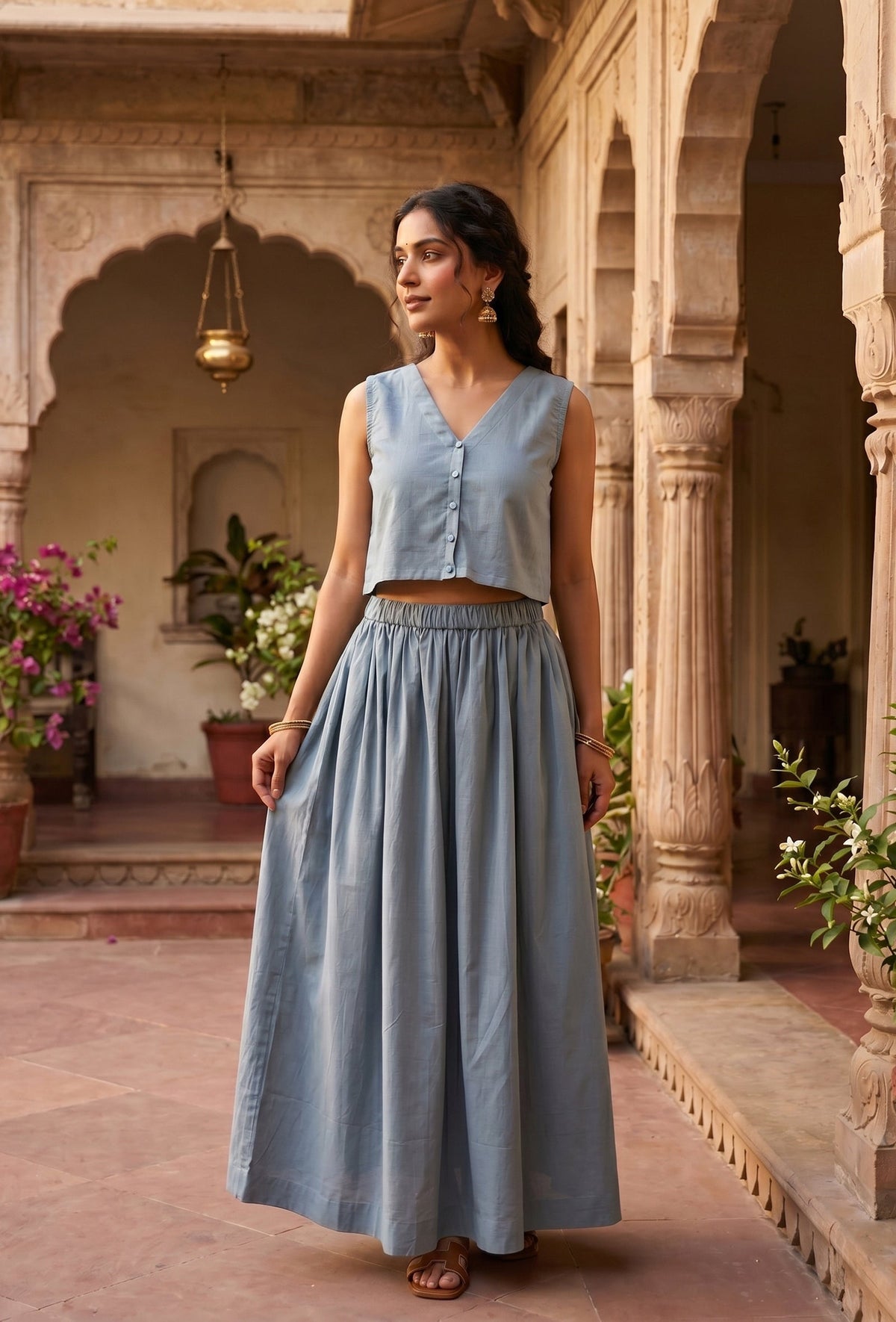 Set of 2: Dusty Blue Cotton Crop Top and Flared Skirt Set トップス S・スカート XL