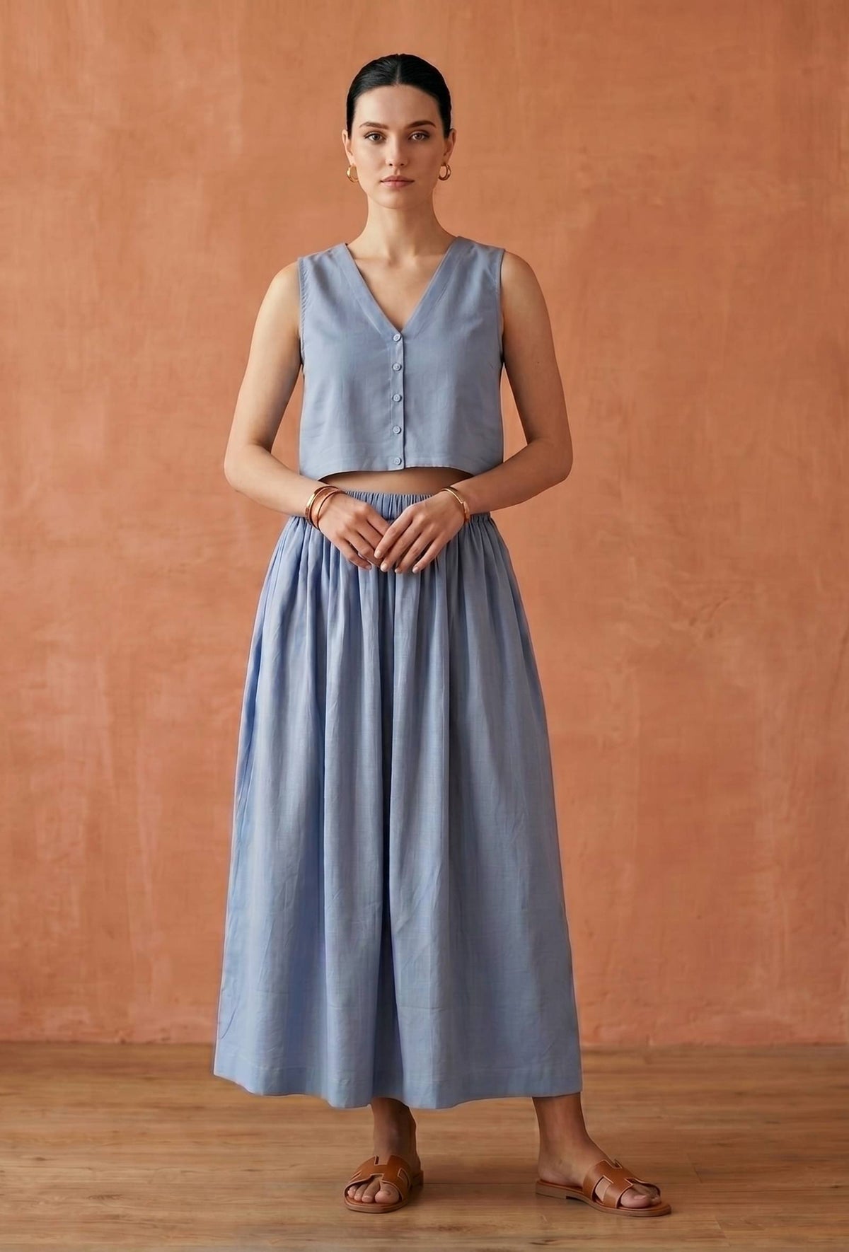 Set of 2: Dusty Blue Cotton Crop Top and Flared Skirt Set トップス M・スカート M