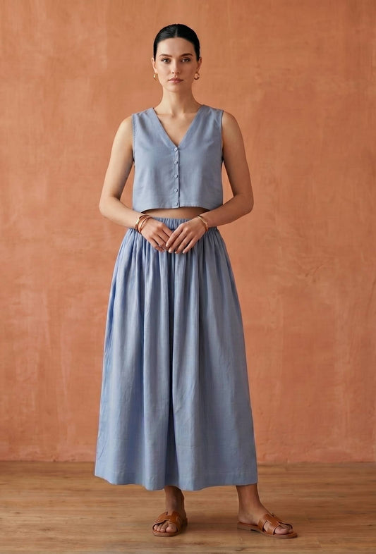 Set of 2: Dusty Blue Cotton Crop Top and Flared Skirt Set トップス M・スカート M