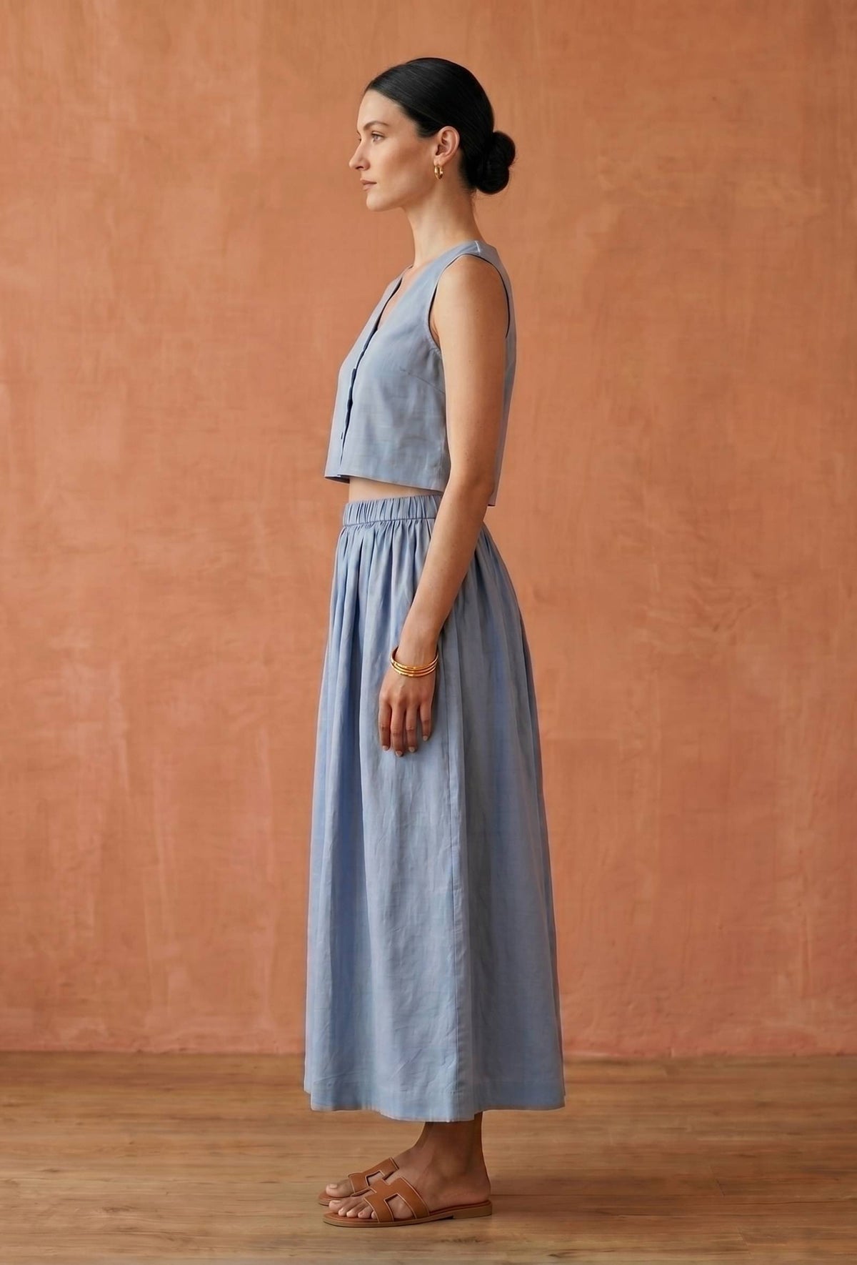 Set of 2: Dusty Blue Cotton Crop Top and Flared Skirt Set トップス XS・スカート XS