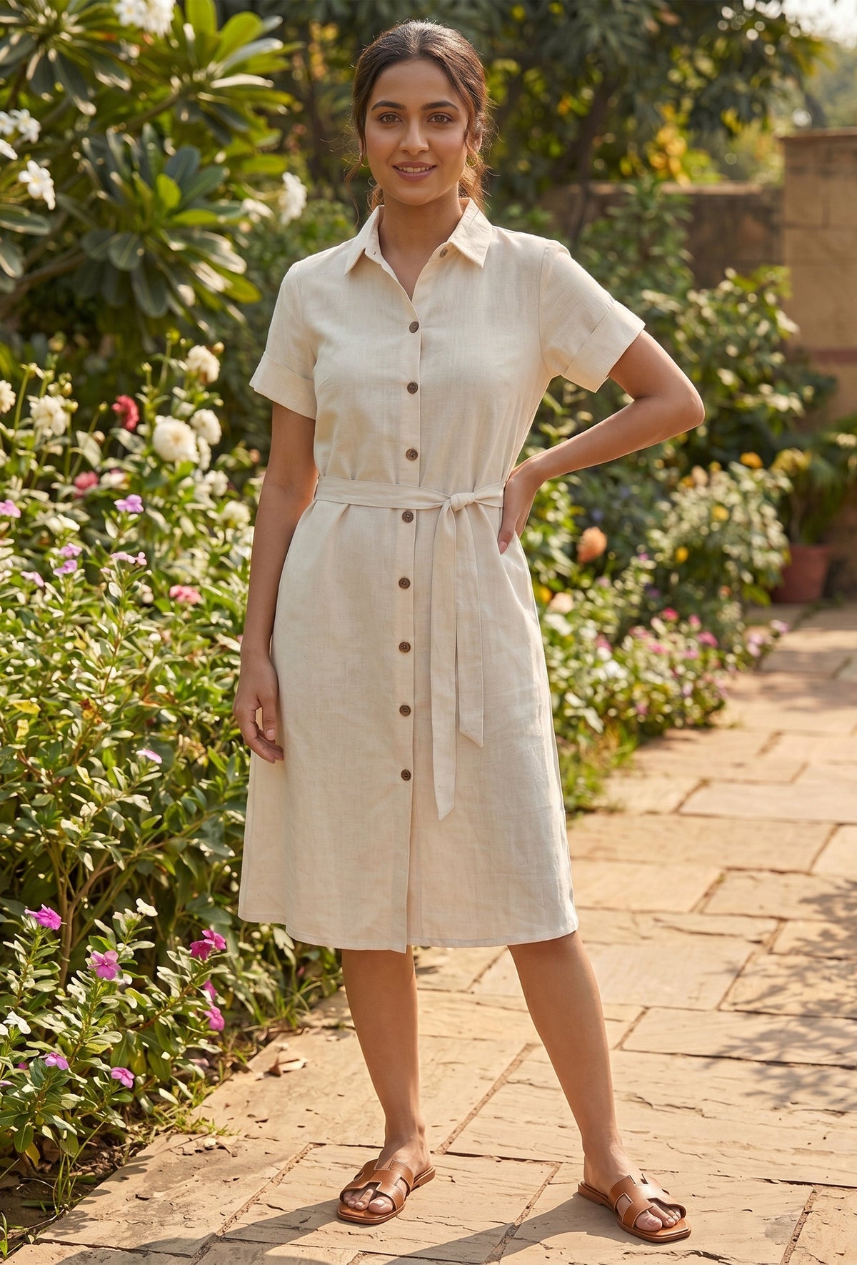 Natural Beige Cotton Shirt Dress with Tie-Up Belt サイズ M