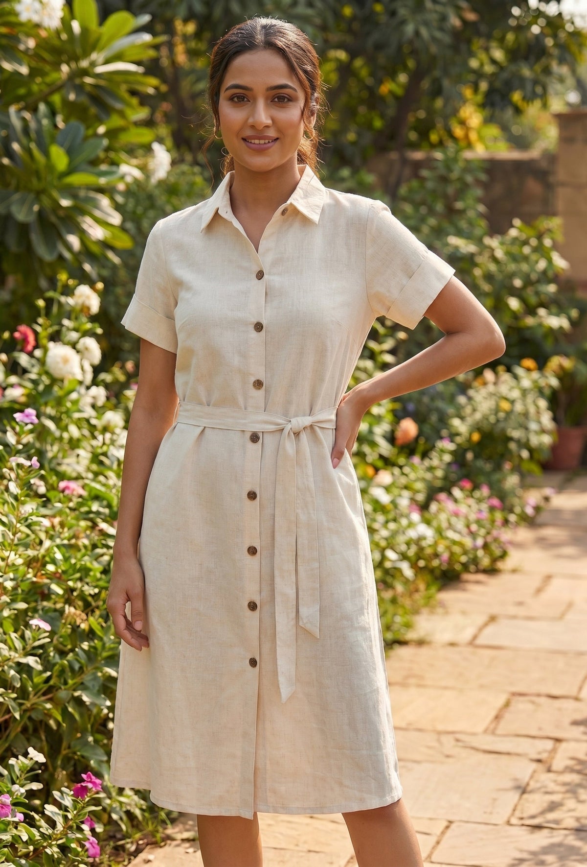 Natural Beige Cotton Shirt Dress with Tie-Up Belt サイズ M