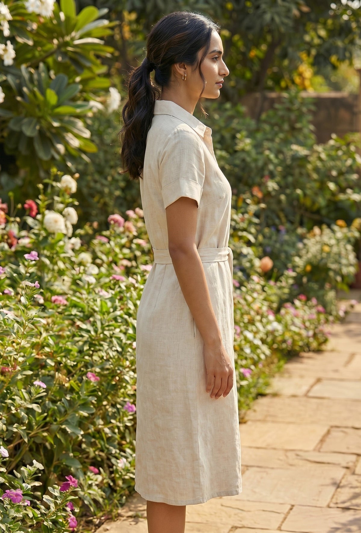 Natural Beige Cotton Shirt Dress with Tie-Up Belt サイズ XXXL