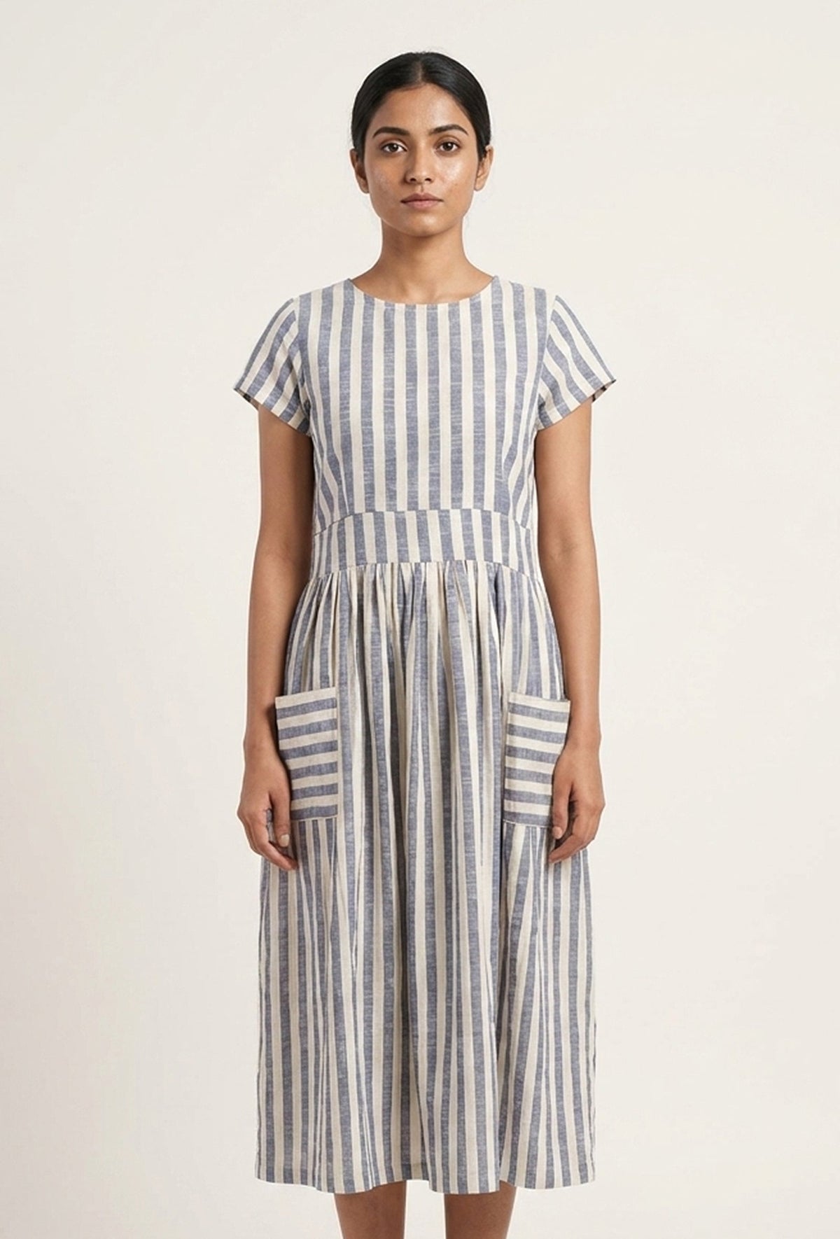 Blue & White Striped Cotton Midi Dress サイズ XS