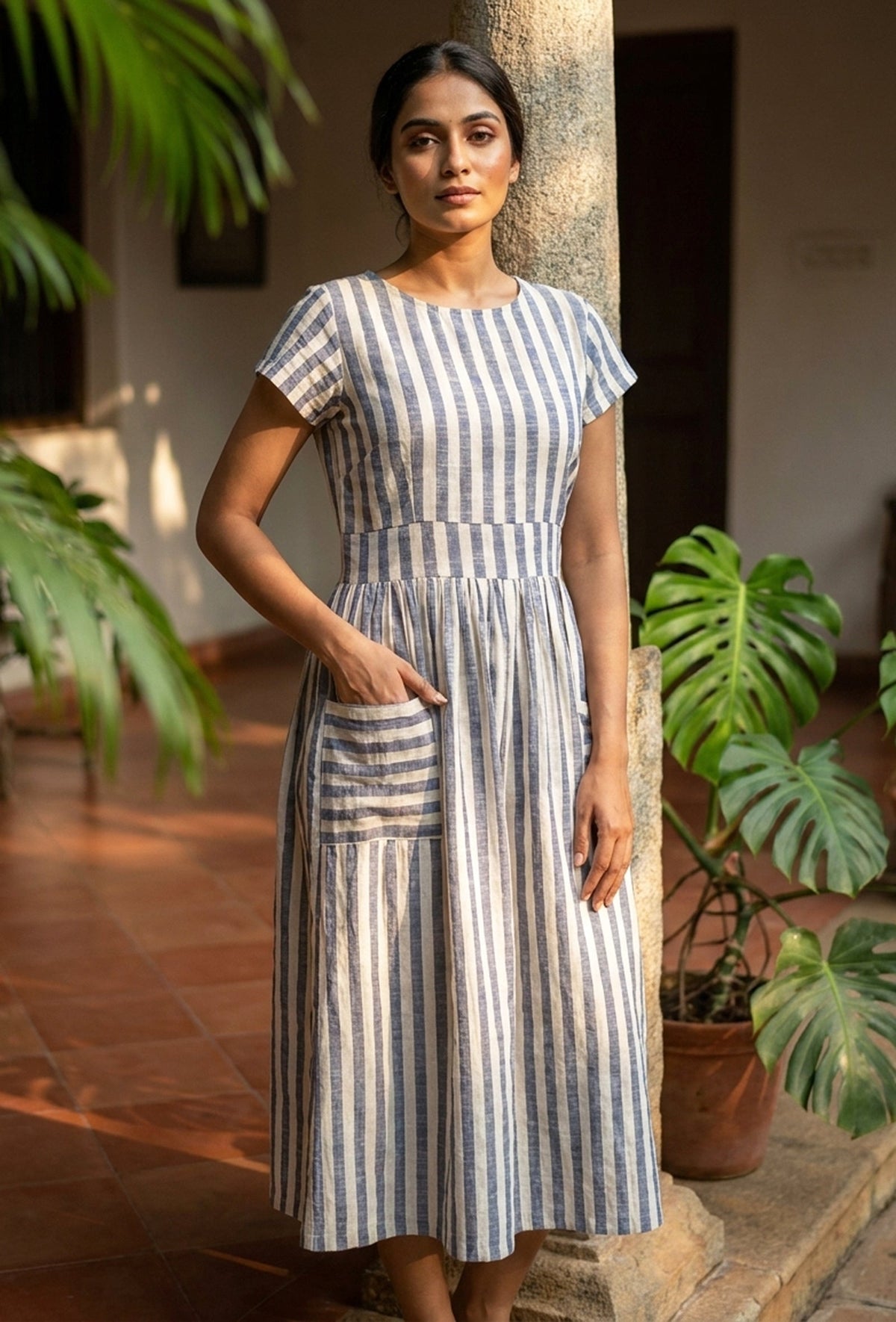Blue & White Striped Cotton Midi Dress サイズ XXXL
