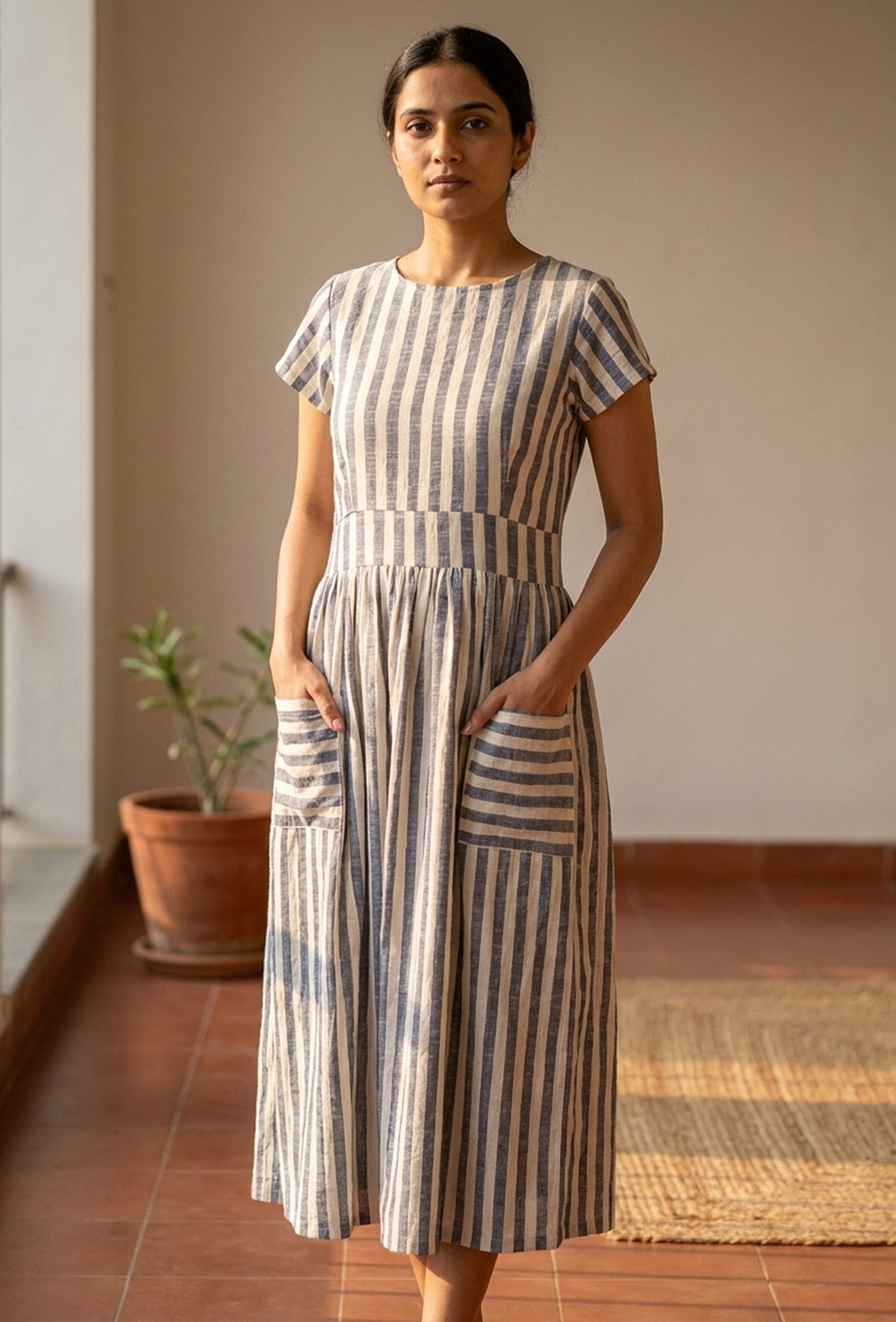 Blue & White Striped Cotton Midi Dress サイズ XS