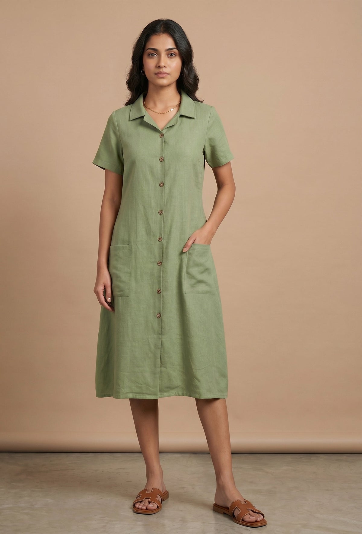 Olive Green Solid Shirt Collar Midi Dress サイズ S