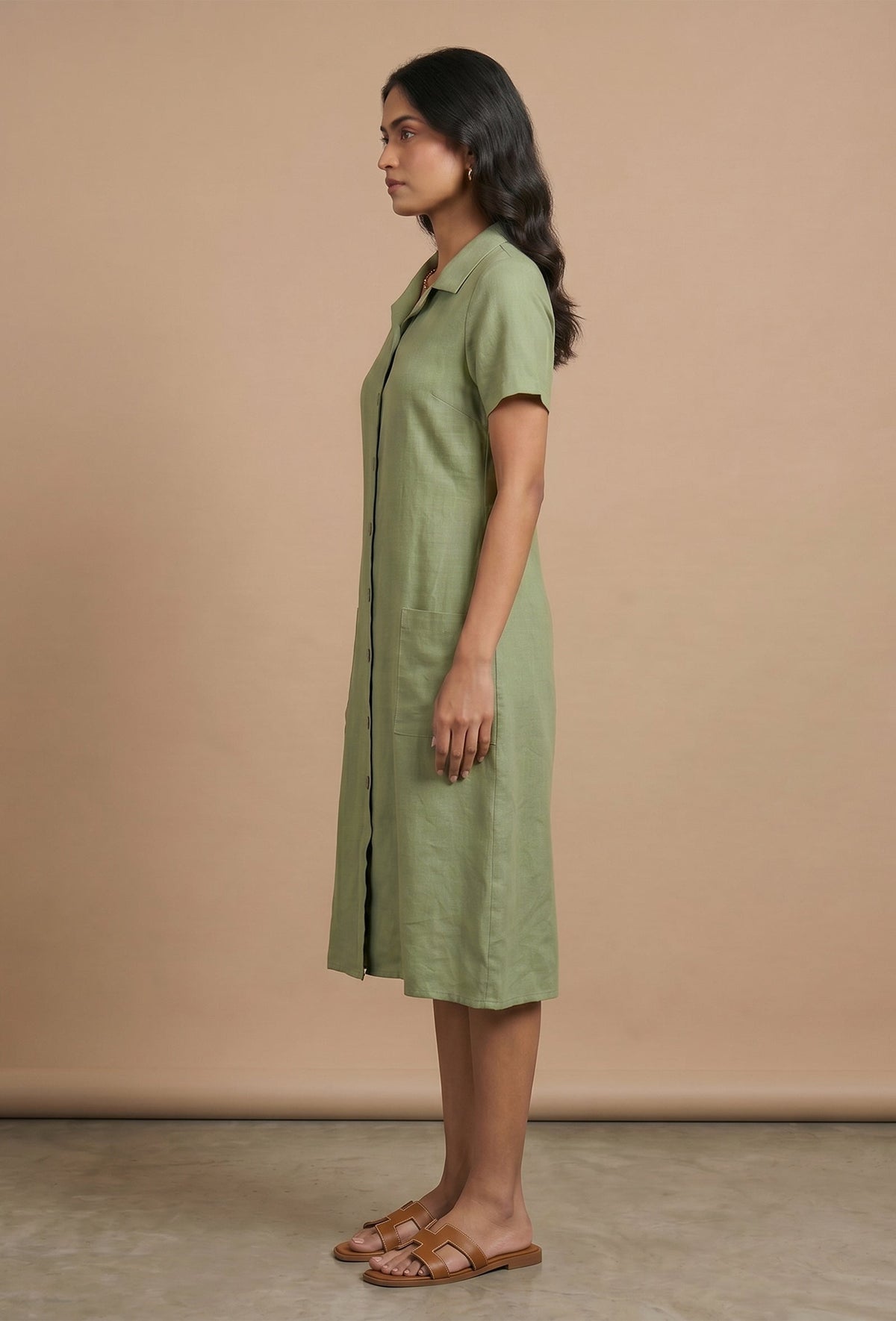 Olive Green Solid Shirt Collar Midi Dress サイズ XL