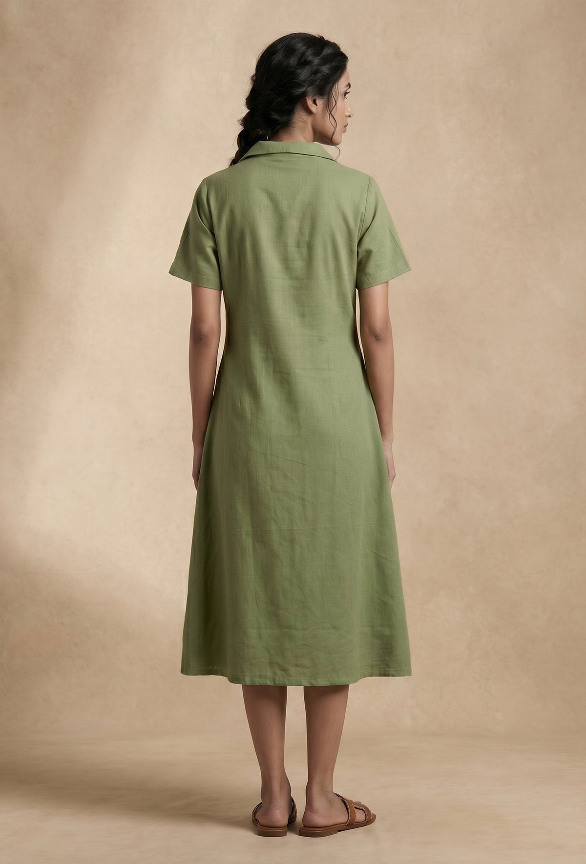 Olive Green Solid Shirt Collar Midi Dress サイズ XL