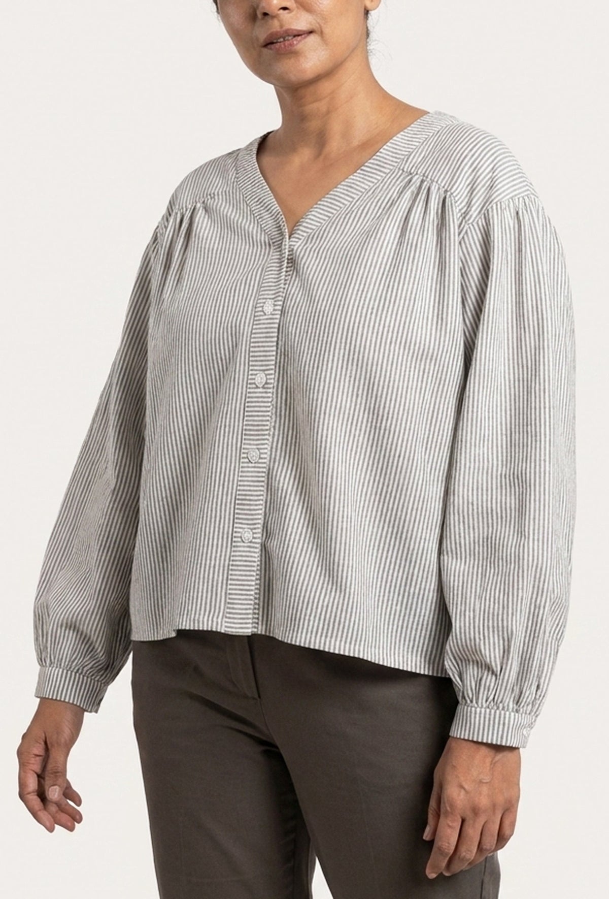 Women's Striped Balloon Sleeve Top サイズ M