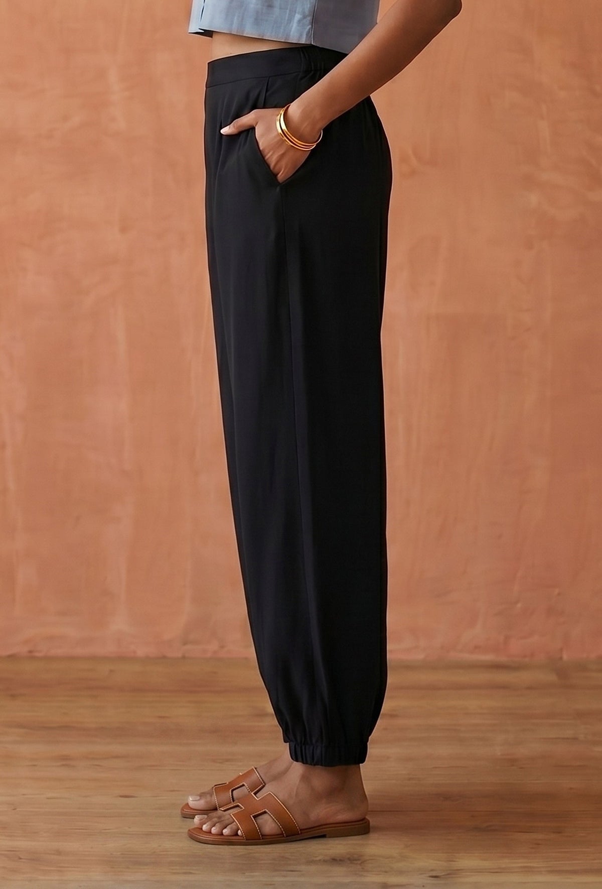 Women's Black Gathered Hem Pants サイズ XXL