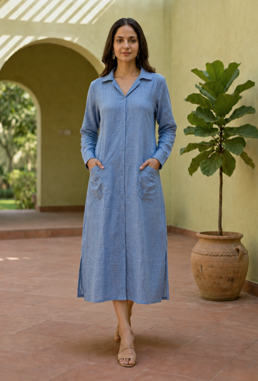 Serene Sky Blue Button-Down Shirt Dress サイズ M