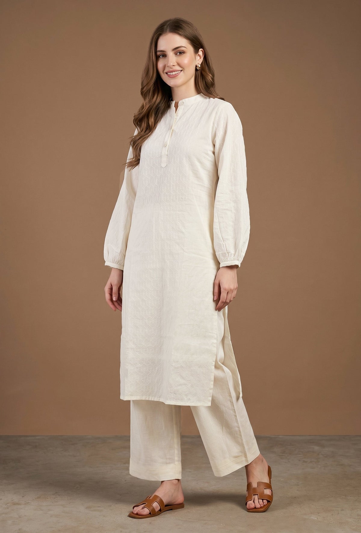 Set of 2: Ivory Textured Cotton Kurta with Straight Pant Set クルタ XXL・パンツ XXL